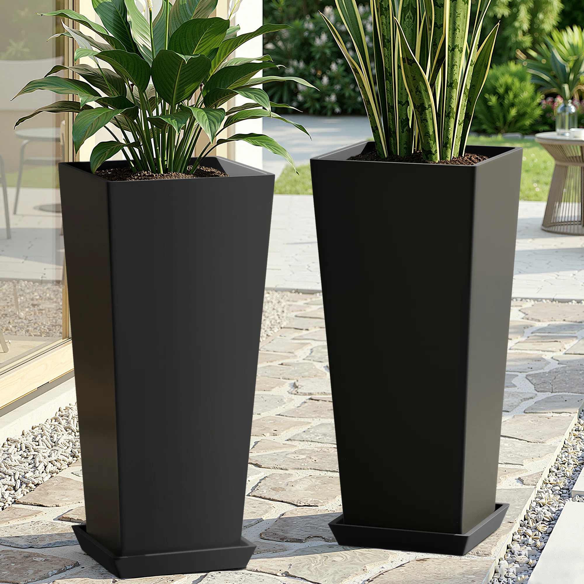 Lenoris 24'' H Large Tall Planters with Saucers, Heavy-Duty Tall Floor Planters, Black Outdoor Pl... | Wayfair North America