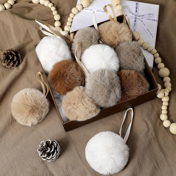 ShinyRelief 48 Pcs 3.1 Inch Neutral Furry Christmas Balls Ornaments Faux Fur Pom Poms Balls Chris... | Amazon (US)