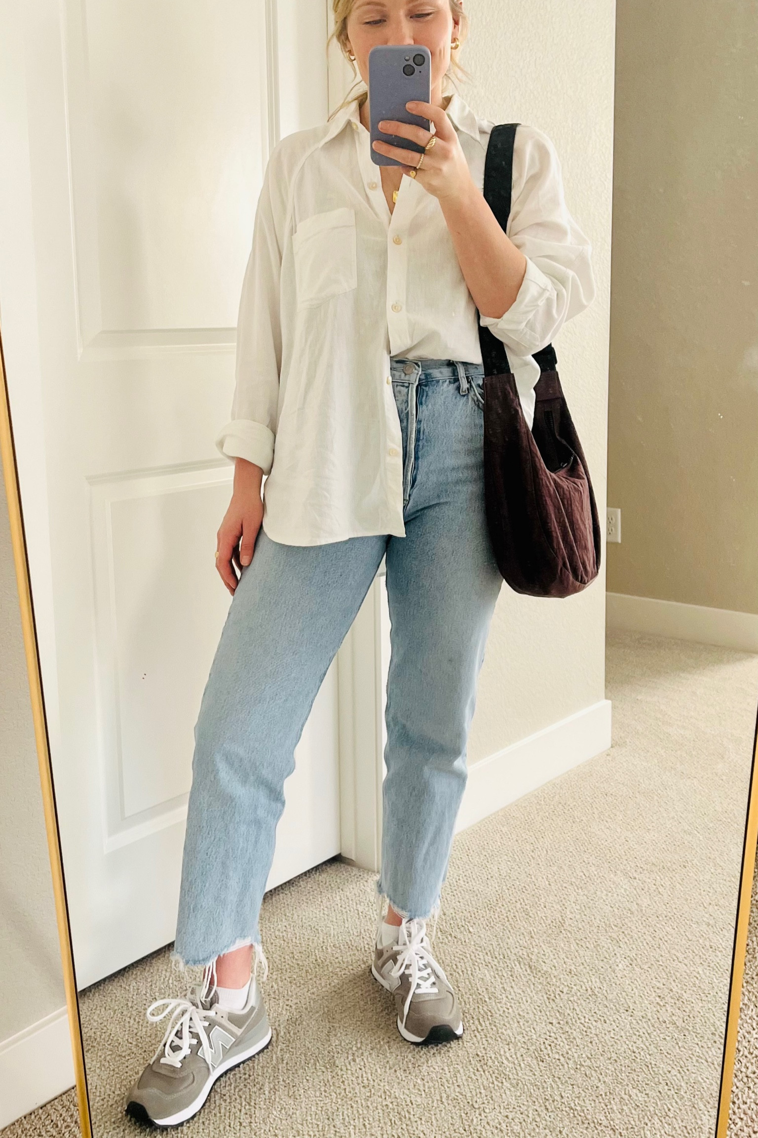 Casual Saturday Outfit. White Button down (s), Agolde Jeans (26), New Balance Sneakers (tts), Baggu Crossbody

#LTKstyletip #LTKSeasonal #LTKshoecrush