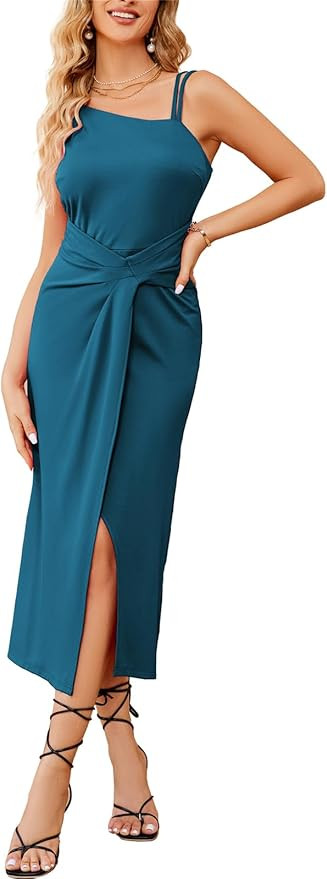 JASAMBAC Women's One Shoulder Bodycon Midi Dresses Spaghetti Strap Ruched Slit Cocktail Party Wed... | Amazon (US)