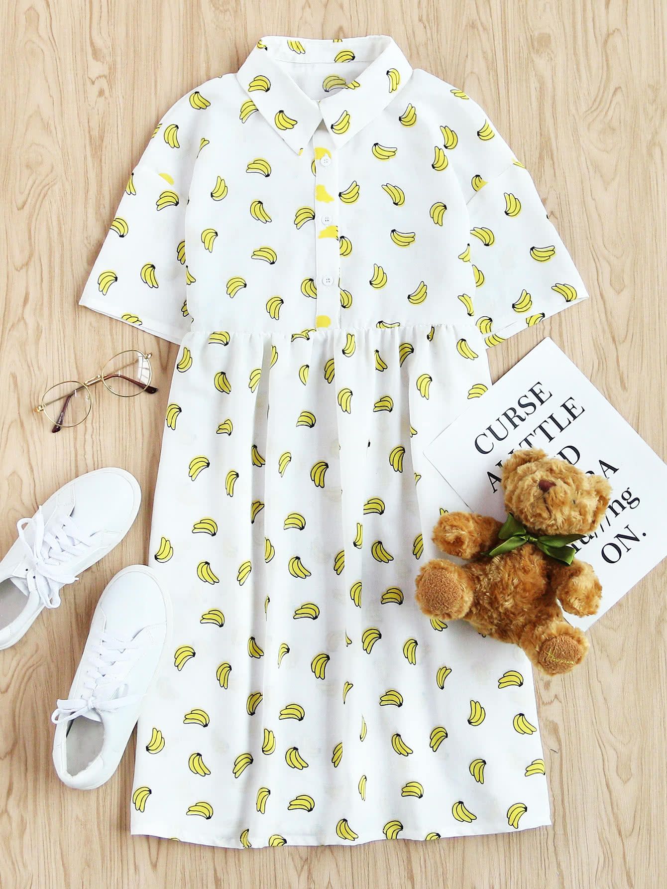 Allover Banana Print Half Placket Babydoll Dress | ROMWE