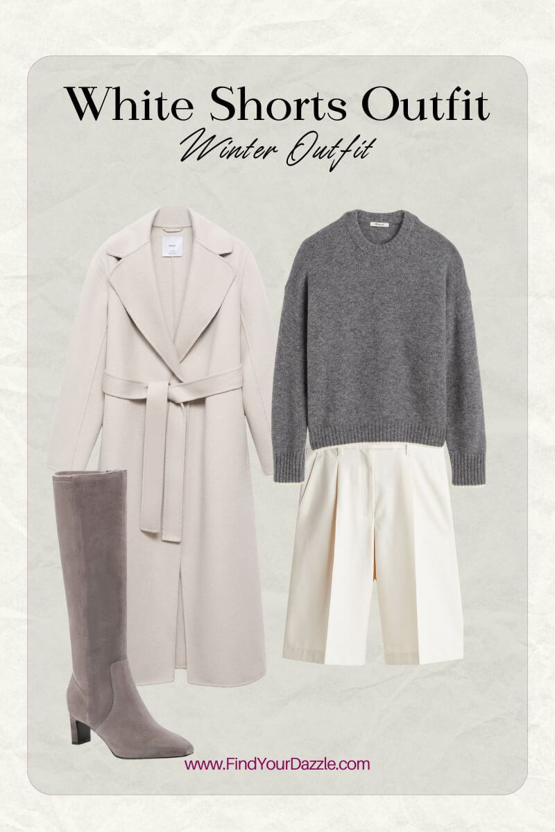 Easy outfit idea with white Bermuda shorts. Style your longer shorts with a thick sweater and knee high boots and a long coat for the winter season! 

#LTKSeasonal #LTKWorkwear #LTKootd