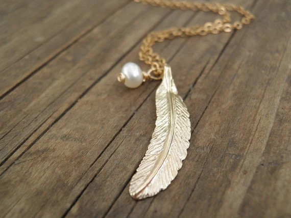 JUNE BIRTHSTONE Long Gold Necklace Gold Feather Necklace Feather Jewelry Minimalist Pendant Pearl... | Etsy (US)