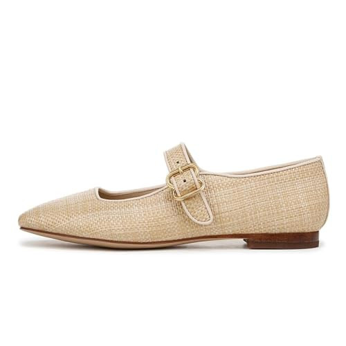DOEYG Raffia Woven Mary Jane Ballet Flats for Women Square Toe Buckle Strap Ballerina Flats Comfortable Dress Shoes Tan Size 7.5 | Amazon (US)