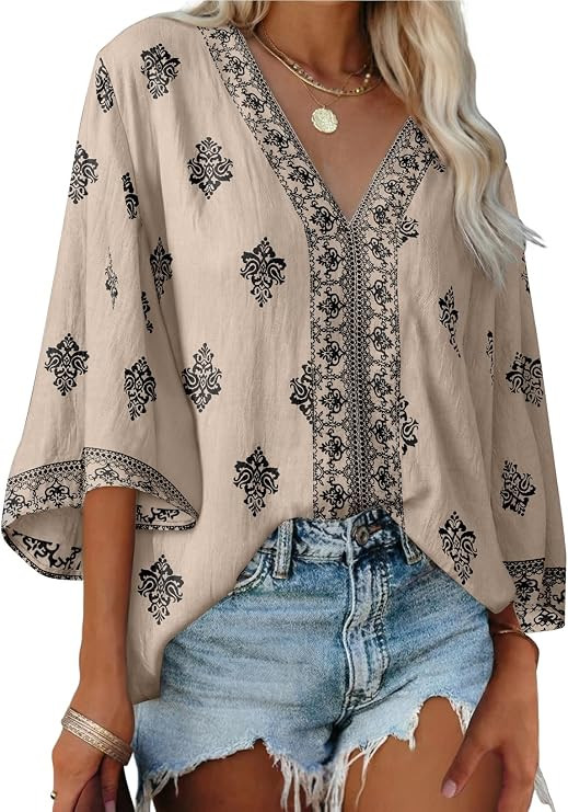 SHEWIN Womens Summer Tops Casual Floral Print Deep V Neck 3/4 Sleeve Blouses Dressy Boho Vacation... | Amazon (US)