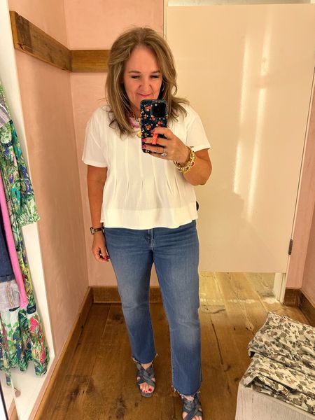 Love this new cotton knit top. It came home with me! Wearing a large. 

Mother denim size up. I’m wearing a 33. 

Sandals tts 25% off code APR25


Anthropologie mother jeans spring denim 

#LTKmidsize #LTKover40 #LTKSeasonal