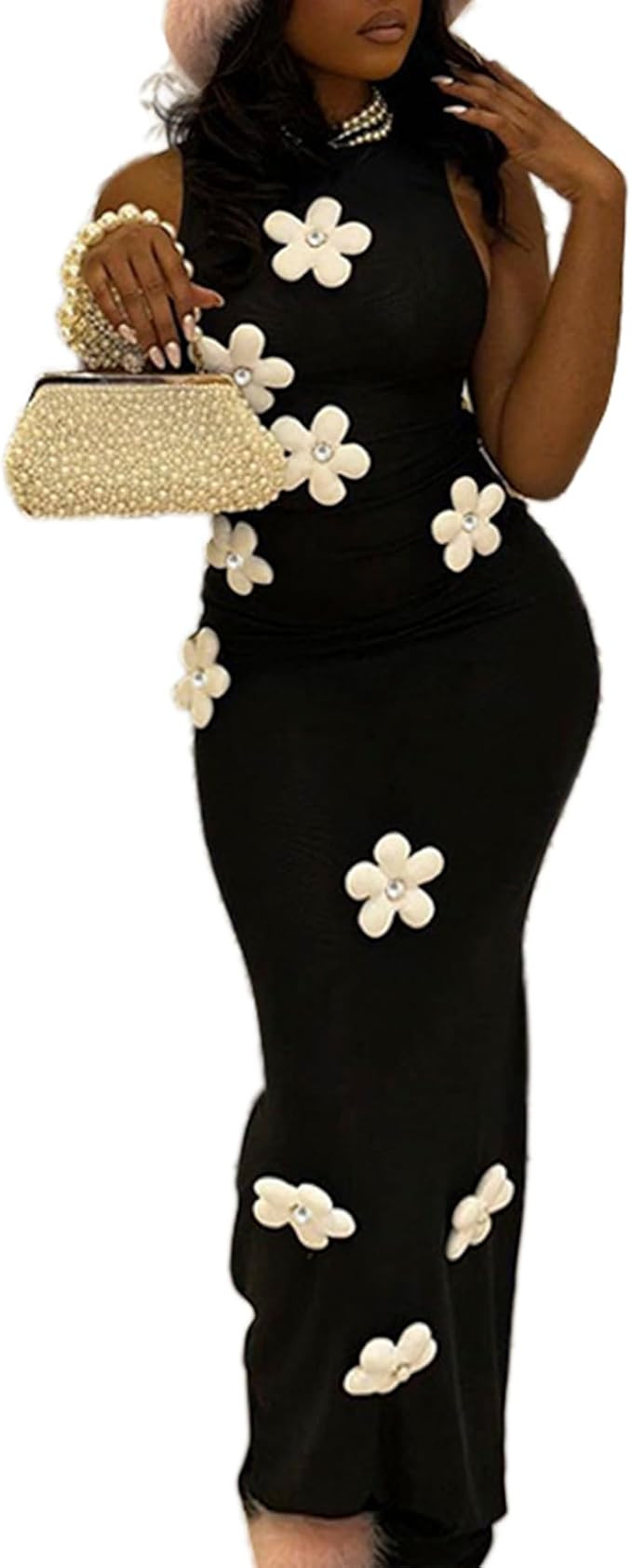 Women Sexy Mock Neck Sleeveless Bodycon Maxi Dress Cut Out Backless 3D Flower Tank Long Party Dre... | Amazon (US)