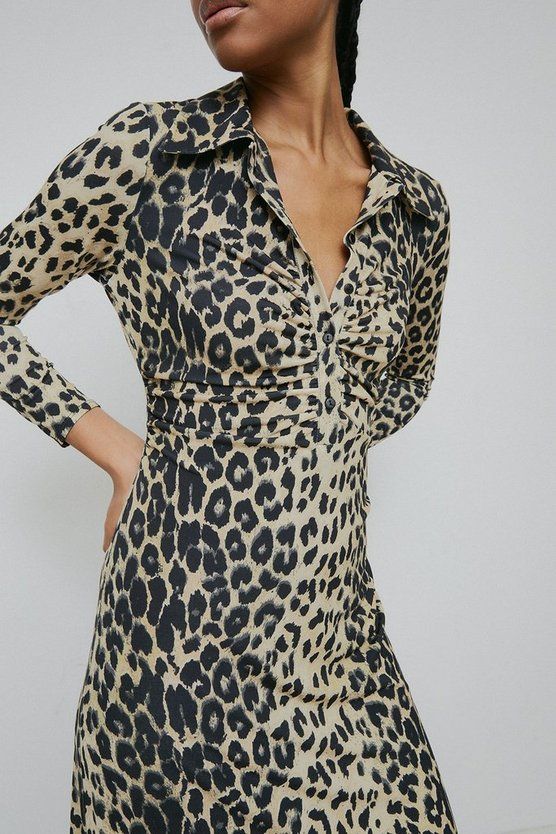 Animal Print Ruched Front Shirt Dress | Warehouse UK & IE
