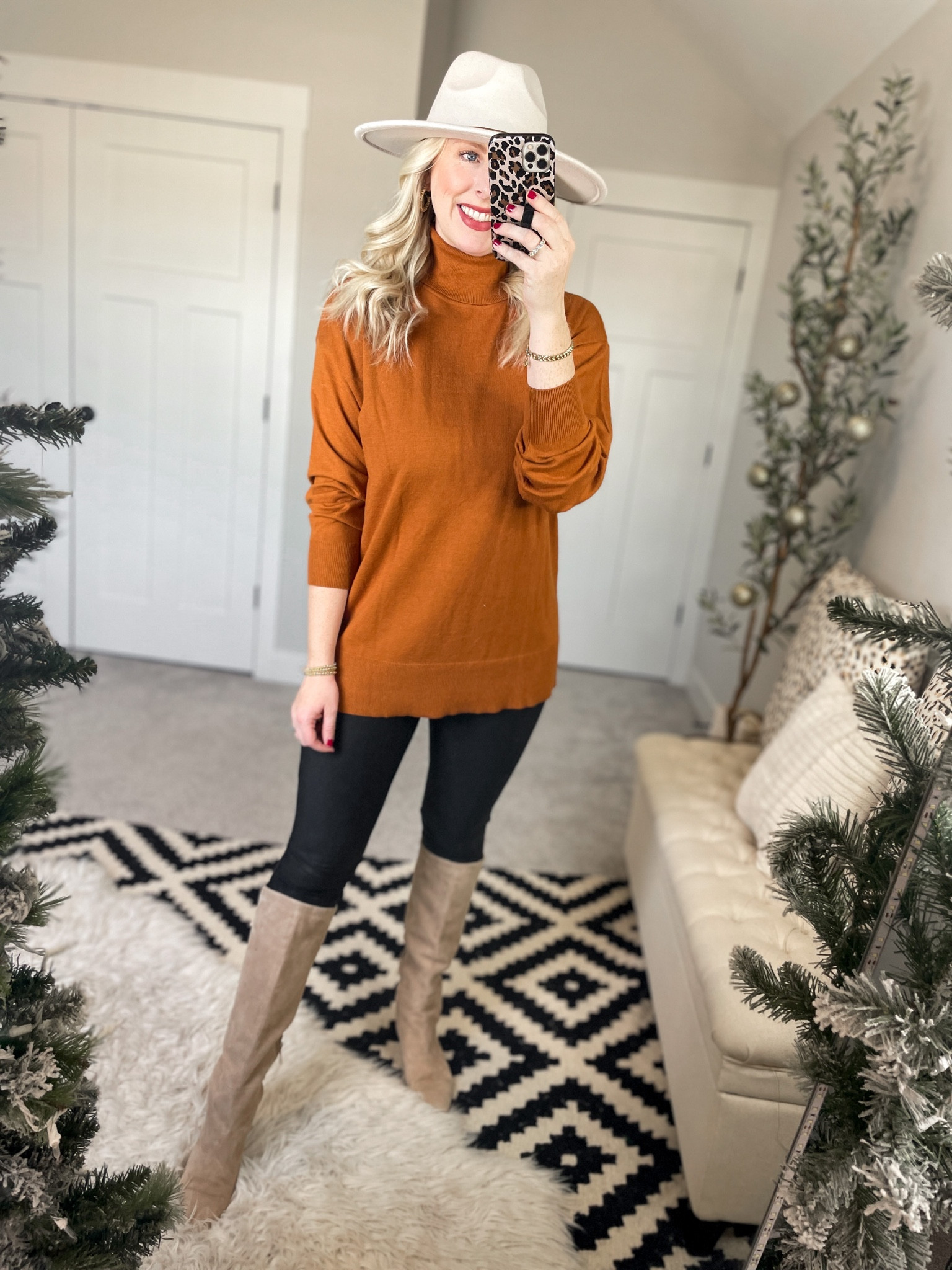 Daily try on, Walmart outfit, walmart fashion, tunic sweater, faux leather leggings, tall boots 

M sweater 
S leggings 

#LTKunder50 #LTKstyletip #LTKSeasonal