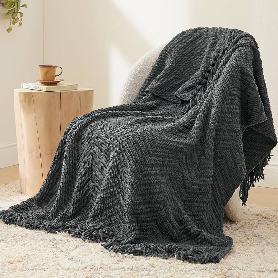 Bedsure Charcoal Throw Blanket for Couch – Versatile Knit Woven Chenille Blanket for Chair, Sup... | Amazon (US)