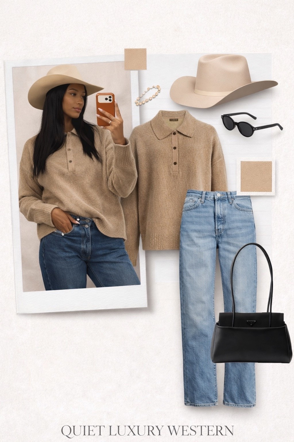 Jasmine Tookes does quiet luxury western in the most elevated way. The soft camel knit with the relaxed henley neckline, vintage straight-leg denim, and the perfectly shaped cowboy hat create that effortless off-duty silhouette that always feels polished but never try-hard. It’s tonal, textural, and built on forever pieces you’ll wear on repeat. This is the kind of neutral outfit that works year round and instantly makes your denim look intentional. Linked the exact pieces and the best look for less options to recreate her clean, model-off-duty aesthetic. 