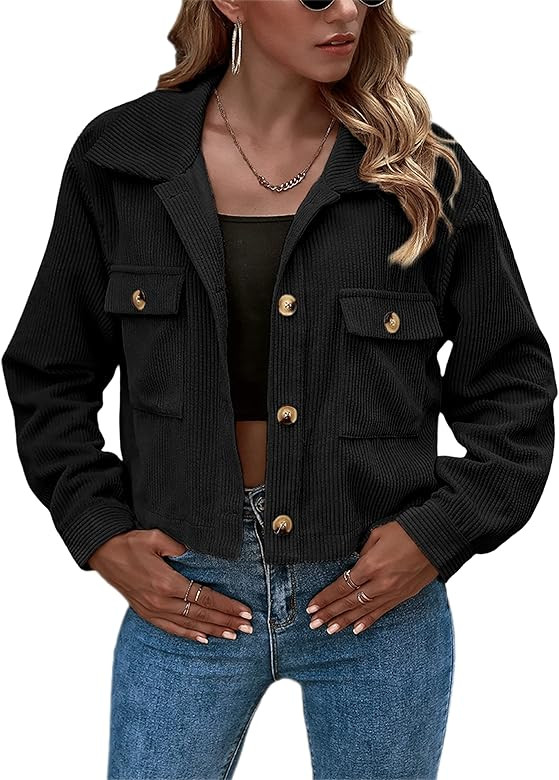 Zhiyouni Womens Cropped Corduroy Shirts Jackets Oversized Button Down Shackets Short Coats | Amazon (US)