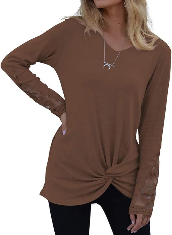 SAMPEEL Women's Casual Long Sleeve T Shirts Twist Knot Tunics Tops | Amazon (US)