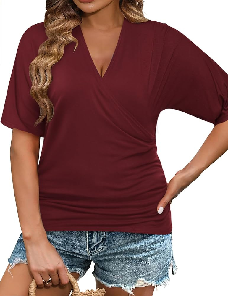 IN'VOLAND Womens Plus Size Tops V Neck Wrap Short Sleeve Shirts Casual Loose Dolman Top Tunic Blo... | Amazon (US)