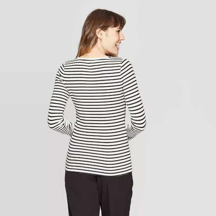 Women's Striped Regular Fit Long Sleeve V-Neck T-Shirt - A New Day™ Cream | Target