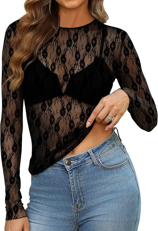 OFEEFAN Womens Mesh Tops Lace Long Sleeve Shirts Crewneck Slim Fitted Outfits See Through Blouses | Amazon (US)