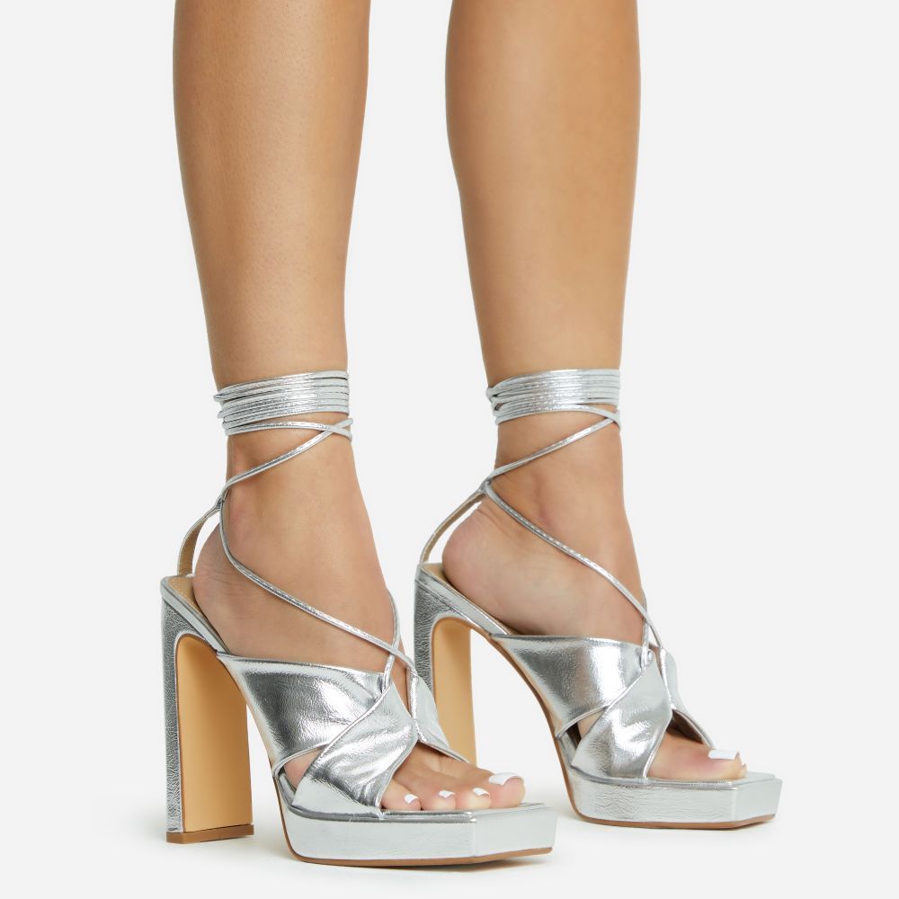 Ranger Lace Up Twisted Strap Detail Square Toe Platform Thin Block Heel In Silver Metallic Faux L... | EGO Shoes (US & Canada)