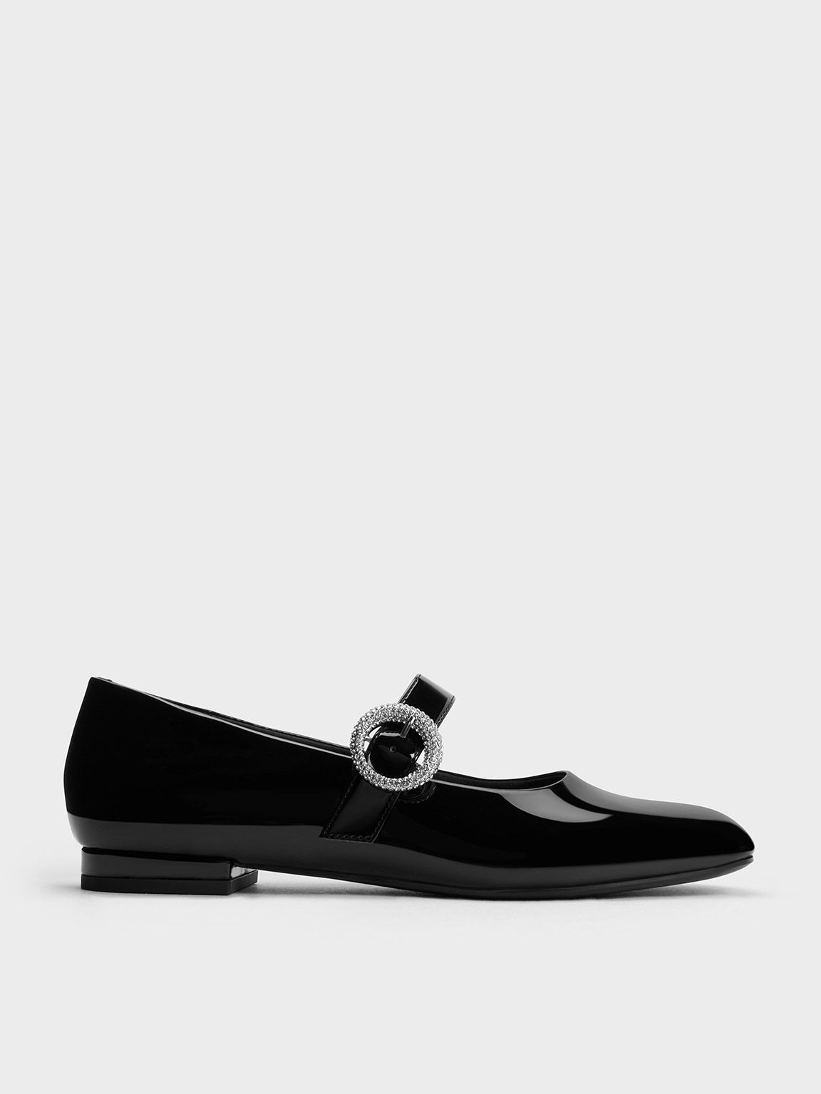Patent Crystal-Embellished Buckle Mary Jane Flats
 - Black Patent | Charles & Keith US