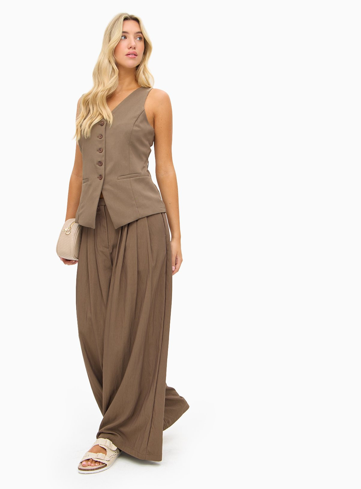 Brown Co-ord Pleated Palazzo Trousers 22S | argos.co.uk