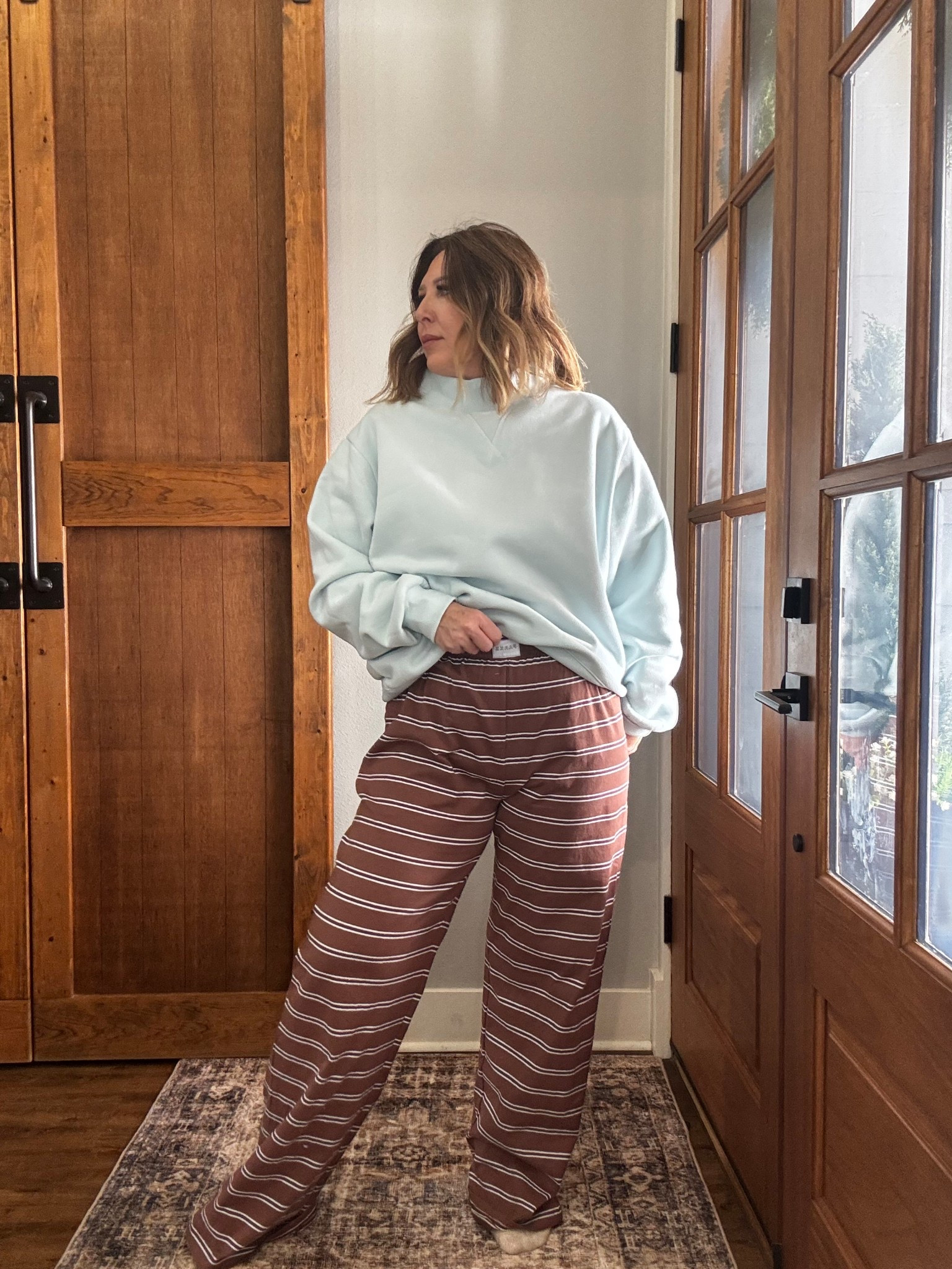 Parke cozies 
Love these striped boxer pants and cozy ice blue sweatshirt 
Wearing large in it all 

#LTKootd #LTKOver40 #LTKmomlife