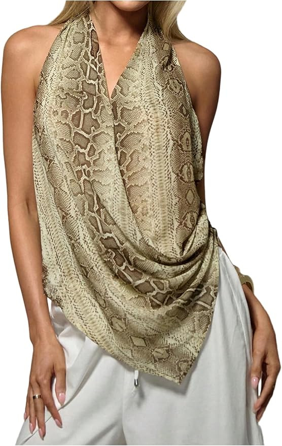 GORGLITTER Women's Wrap Front Animal Print Y2k Halter Tops Tie Backless Asymmetrical Shirts | Amazon (US)