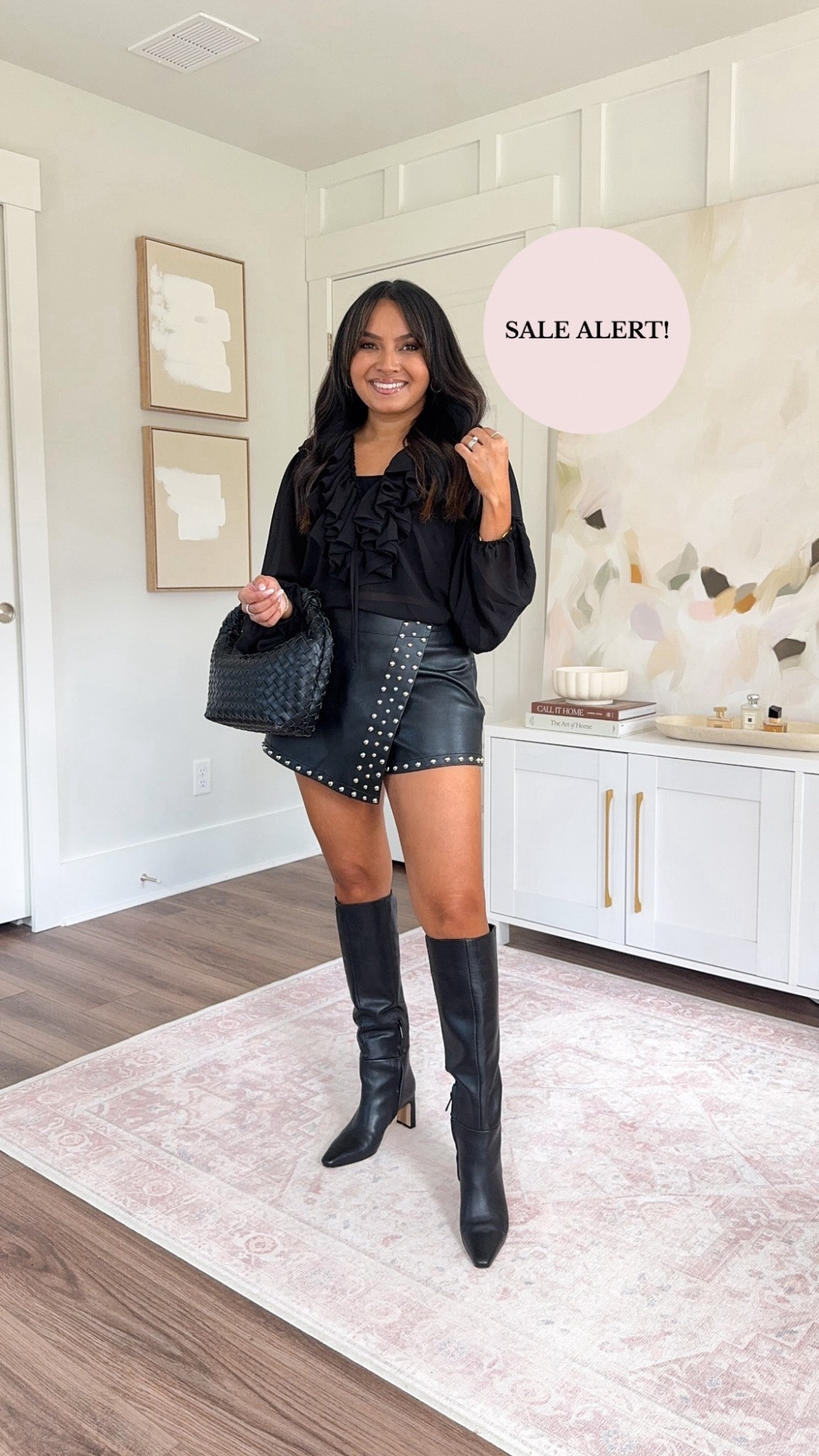Black top size xs TTS 
Black studded faux leather skirt size 4 - I sized up a size, runs small in the waist 
Black boots size 5 - I’d prefer a 5.5 for room for socks 

#LTKStyleTip #LTKPetite #LTKSaleAlert