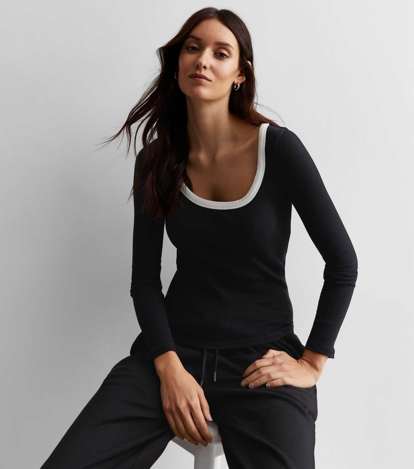 Black Ribbed Contrast Trim Scoop Neck Top | New Look | New Look (UK)