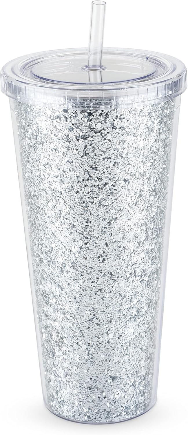 Blush Silver Glam Double Walled Glitter 24oz Tumbler | Reusable, Leak-Proof, Travel, Clear Plasti... | Amazon (US)