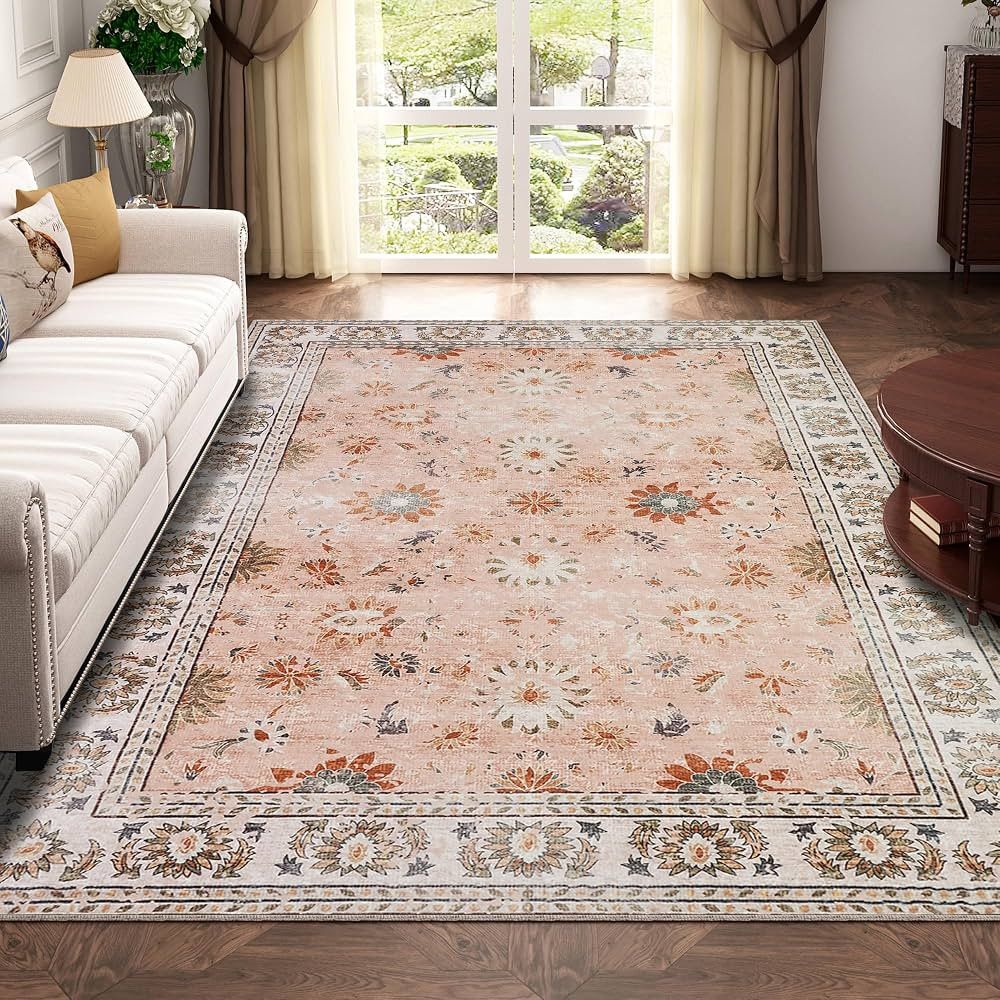 BRICHOEE Vintage Machine Washable Area Rug 5x7 Pink/Multi Low-Pile Indoor Floral Print Carpet Non... | Amazon (US)