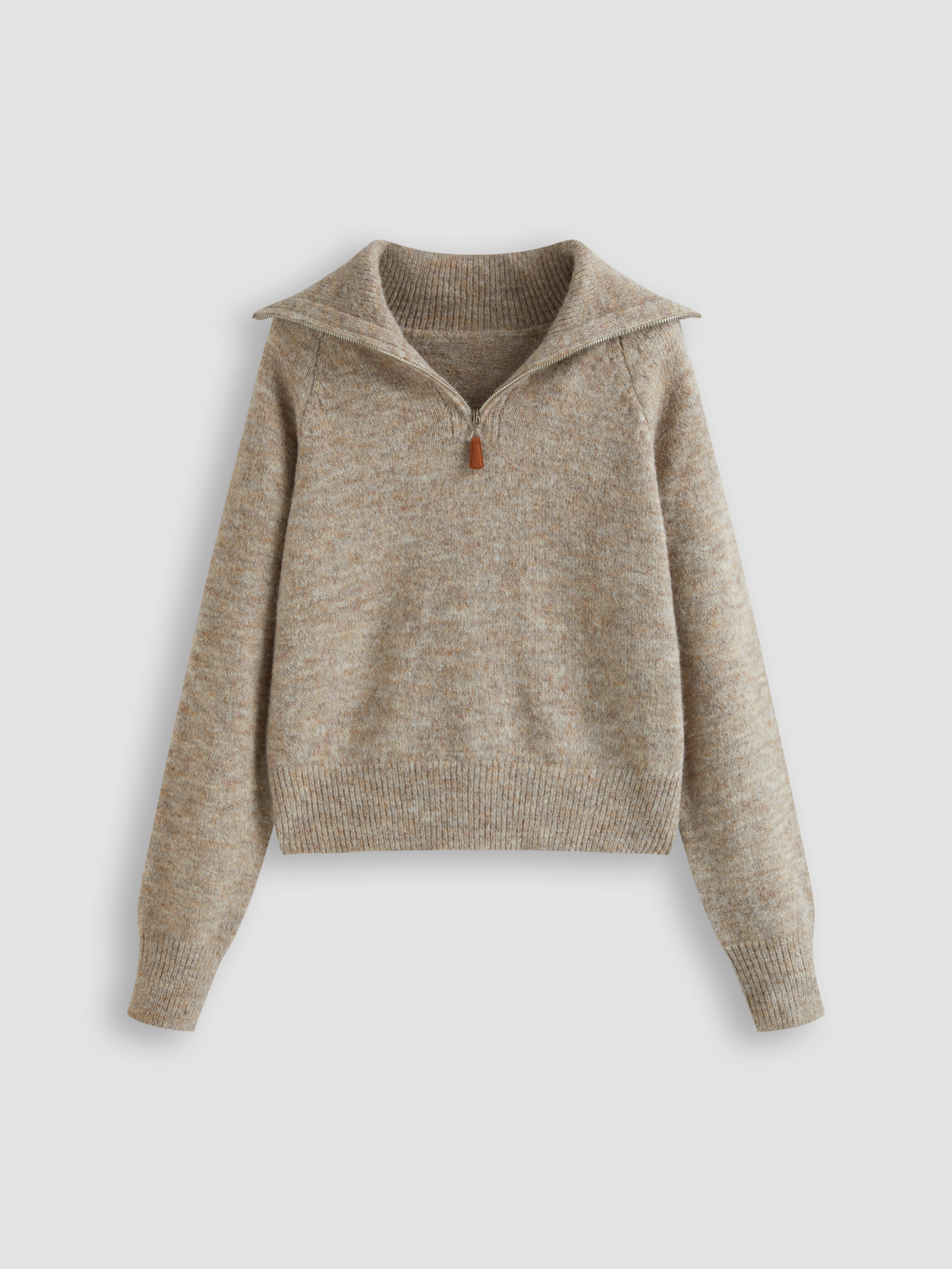 Knit Fabric Wool-blend Collar Zipper Long Sleeve Top For Work | Cider