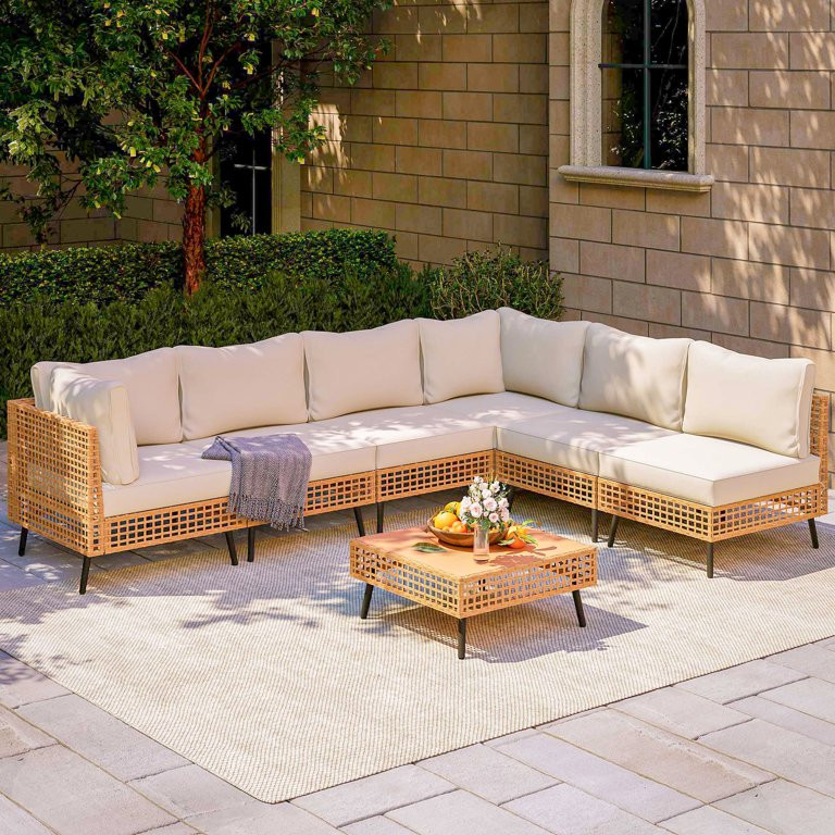 LAUSAINT HOME 7 Pieces Patio Furniture Set, Outdoor Conversation Set with Brown Wicker Chairs & C... | Walmart (US)