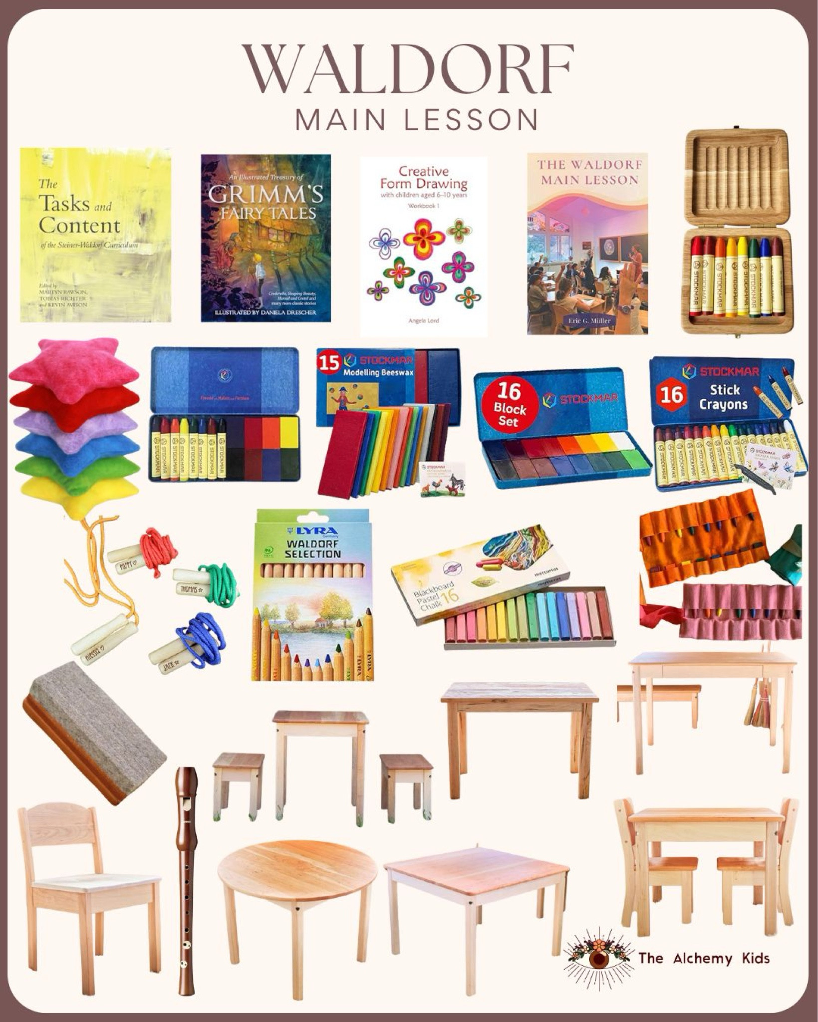 📚✨ Waldorf Main Lesson Essentials for Homeschool & Classroom Learning! 🌿🎨

Waldorf Education is all about hands-on, creative, and holistic learning, and the Main Lesson is at the heart of it all! 🖍️📖 

From storytelling to form drawing, these beautiful tools help children engage deeply with their subjects, while developing fine motor skills, creativity, and a lifelong love of learning. 💡❤️

🌈 Creative Writing & Drawing – Stockmar crayons, Lyra colored pencils, and beeswax chalk bring vibrant colors and soft textures to storytelling, nature journaling, and lesson book work. ✍️📜

📖 Classic Literature & Storytelling – Books like Grimm’s Fairy Tales and Creative Form Drawing inspire imaginative thinking and enrich literacy. 📚✨

🎼 Music & Movement – Wooden recorders and rhythm instruments encourage artistic expression while strengthening breath control and coordination. 🎶🎻

🌿 Handwork & Practical Learning – Needle felting, sewing activities, and natural beeswax offer sensory-rich experiences that help children develop patience and focus. 🧵👐

🪑 Nature-Inspired Classroom Setup – Solid wood tables, stools, and chairs create a warm, inviting space for learning, encouraging a deep connection to the natural world. 🌳🍂

🔢 Mathematics & Spatial Awareness – Form drawing, handwork and bean bag games build foundational math concepts through hands-on play. 🧩✏️

💛 Perfect for homeschooling parents, Waldorf teachers, and Montessori-inspired families! 

#WaldorfEducation #MainLesson #CreativeLearning #HandsOnLearning #HomeschoolingMom #MontessoriAtHome #WaldorfToys #HolisticEducation #ArtisticExpression #ScreenFreeLearning

#LTKFamily #LTKKids