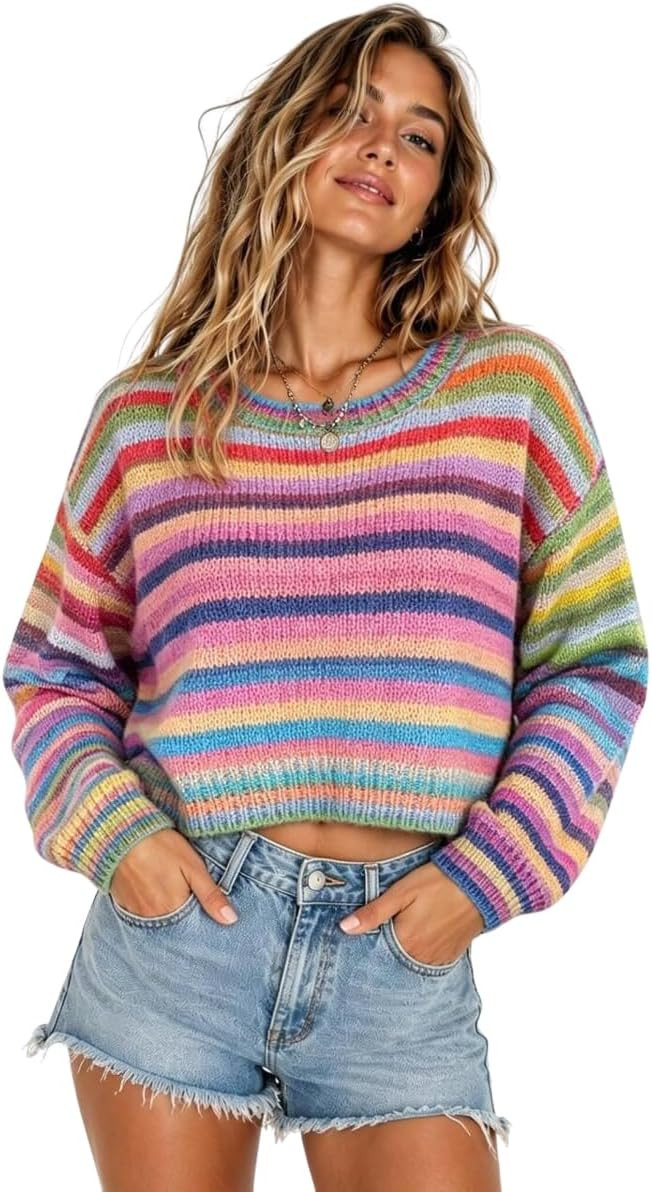 chouyatou Women Rainbow Striped Cropped Sweater Crewneck Knit Pullover Tops | Amazon (US)