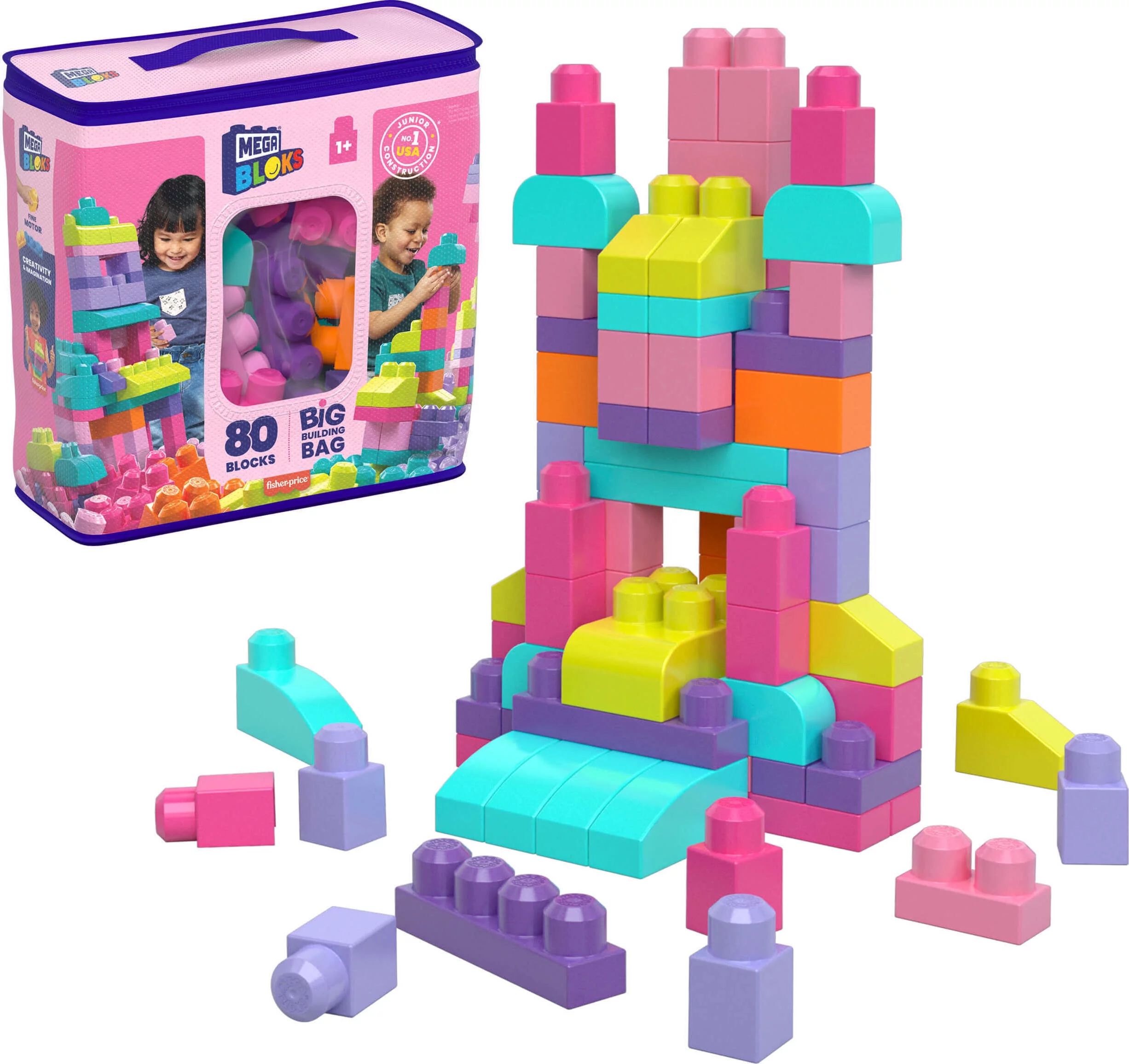 MEGA BLOKS Fisher-Price Toy Blocks Pink Big Building Bag With Storage (80 Pieces) For Toddler | Walmart (US)