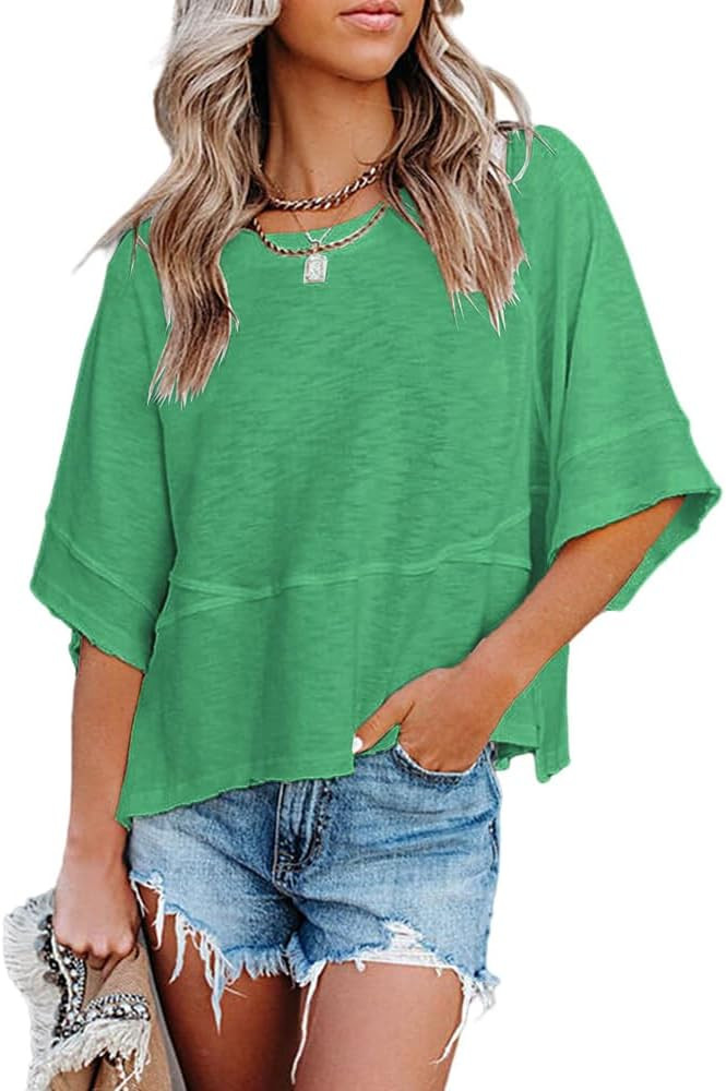 Women's Summer Casual Crewneck Batwing Half Sleeve T-Shirts Solid Color Loose Fit Cute Basic Flow... | Amazon (US)