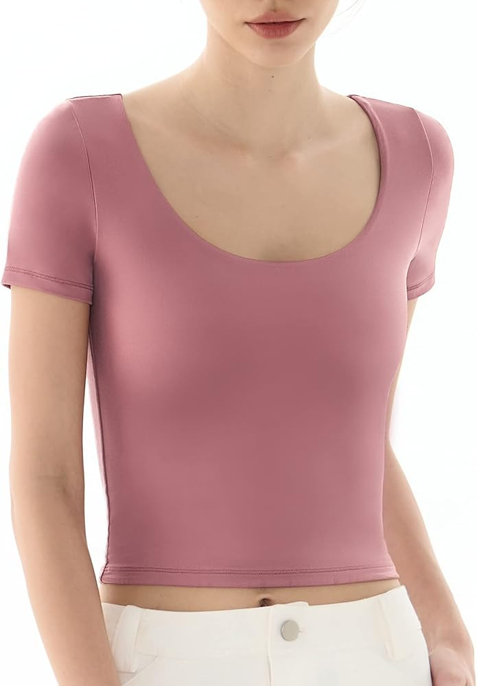 PUMIEY Women's Scoop Neck Short Sleeve T Shirt Slim Fit Sexy Tops Smoke Cloud Collection | Amazon (US)