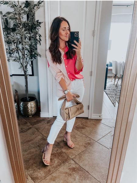 Pink color block, button-down blouse! 💕Wearing size small! Only $9.99 now 🩷🙌🏼 
Amazon fashion 
Valentine’s Day outfit idea 

#LTKsalealert #LTKfindsunder50