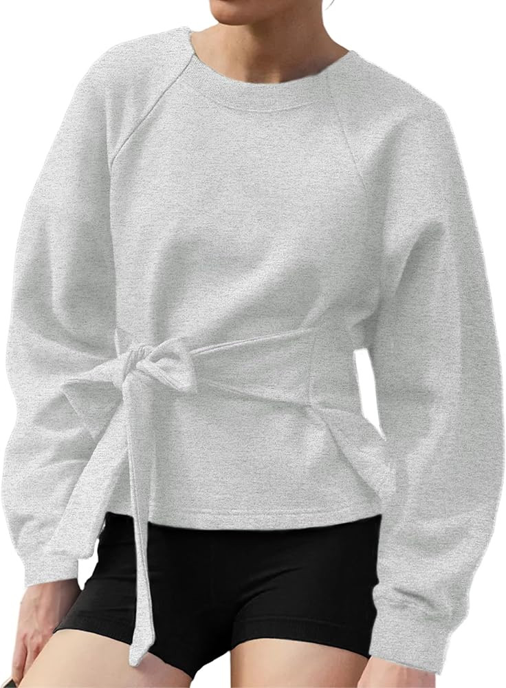 Zhiyouni Women's Long Sleeves Shirt Tops Casual 2025 Fall Fashion Crewneck Tie Knot Sweatshirt Pu... | Amazon (US)