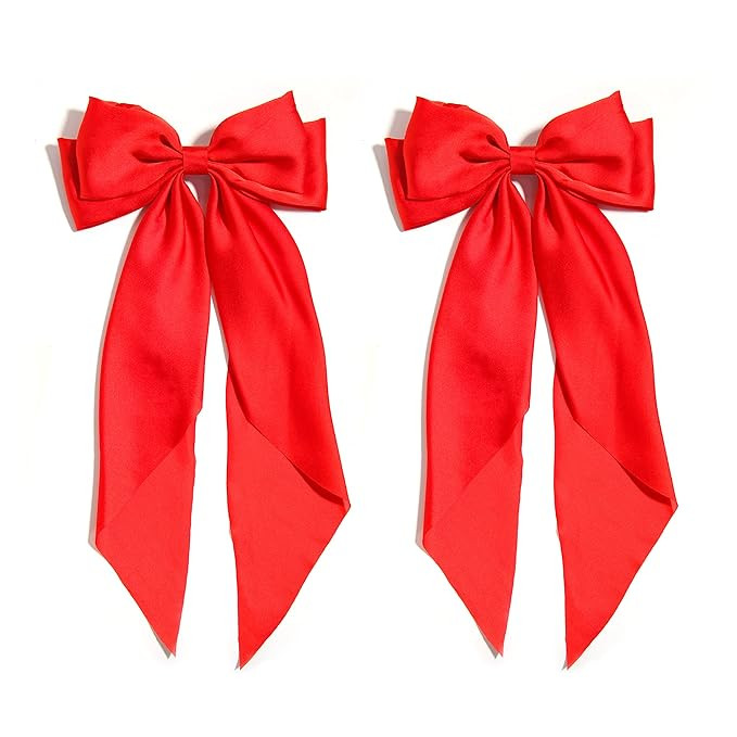 Furling Pompoms Hair Bows for Women,Large Satin Silky Red Hair Bow Clips Ribbon Long Tail French ... | Amazon (US)