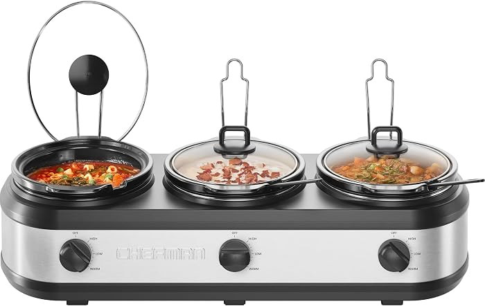 Chefman Triple Slow Cooker & Food Warmer, Three Crock Slowcooker with 2.5 Qt. Ceramic Crocks, 7.5... | Amazon (US)