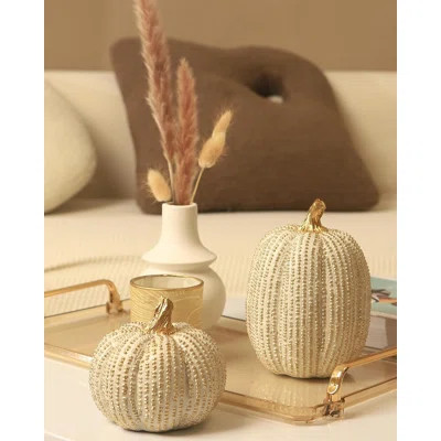 2 PCS Thanksgiving Resin Pumpkin Figurine, Fake Pumpkin Statues For Decorating, Glitter Pumpkins For Table Decorations, White And Gold Pumpkin Centerp | Wayfair Professional