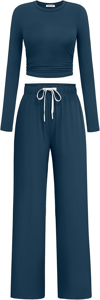 PINSPARK Women 2 Piece Lounge Set Long Sleeve Cropped Top Wide Leg Pants with Pockets 2024 Fall O... | Amazon (US)