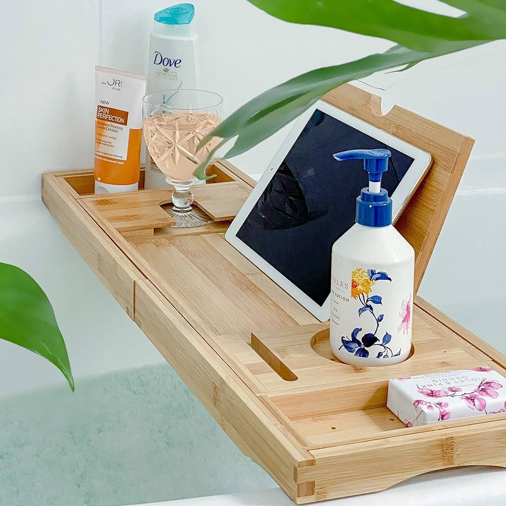 Deep Calm Bathtub Tray Caddy - Bamboo Foldable Bath Tub Table, Expandable Bath Tray Holds All Bat... | Amazon (US)