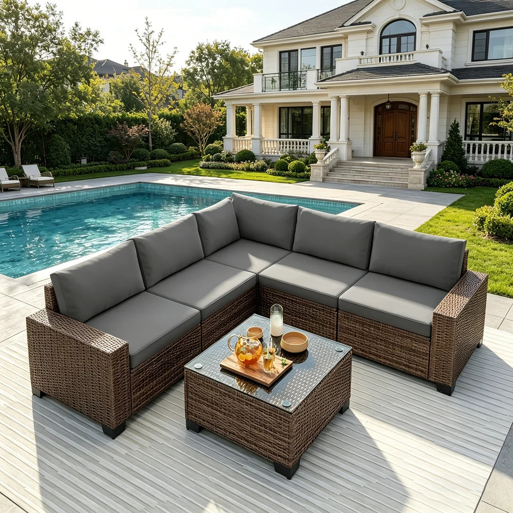 6 Piece Outdoor Patio Furniture Set, Asofer Rattan Wicker Outdoor Conversation Sectional Sofa Set... | Walmart (US)