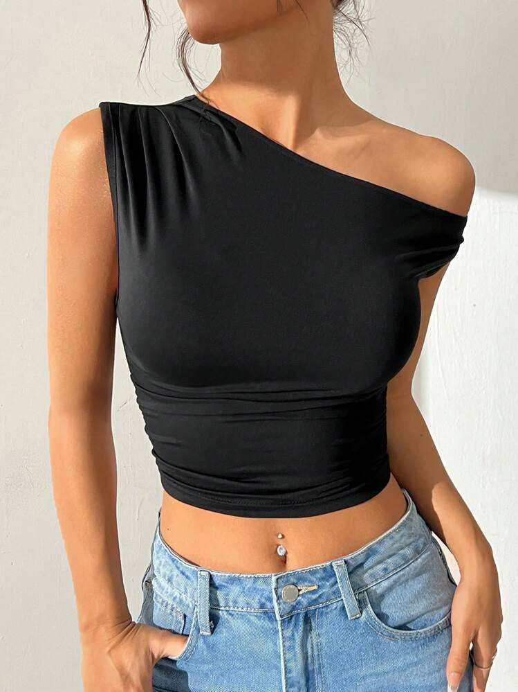 SHEIN EZwear One Shoulder Sleeveless Cropped Top | SHEIN