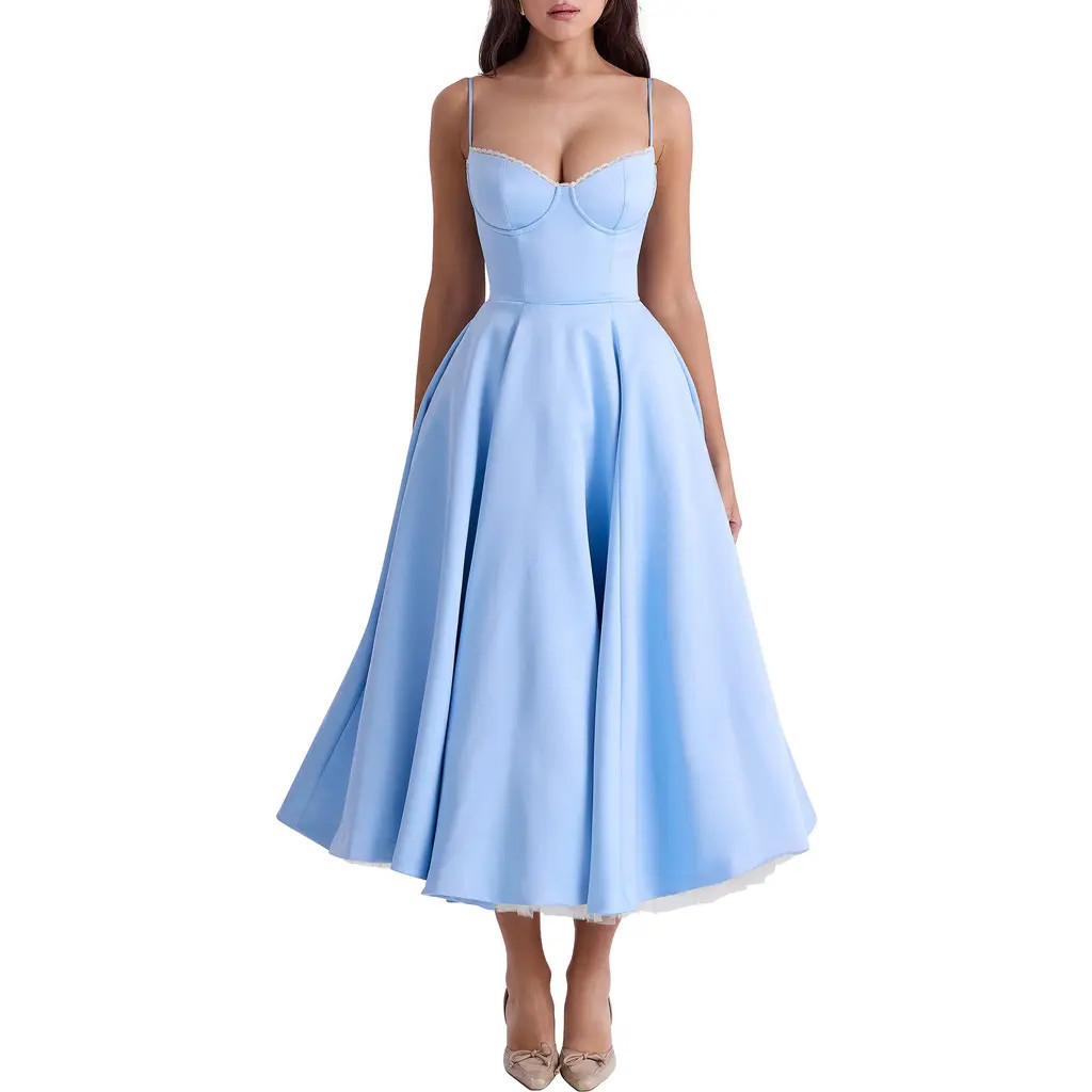 HOUSE OF CB Mademoiselle Bustier Stretch Satin Midi Dress in Cinderella Blue at Nordstrom, Size X-Small A | Nordstrom