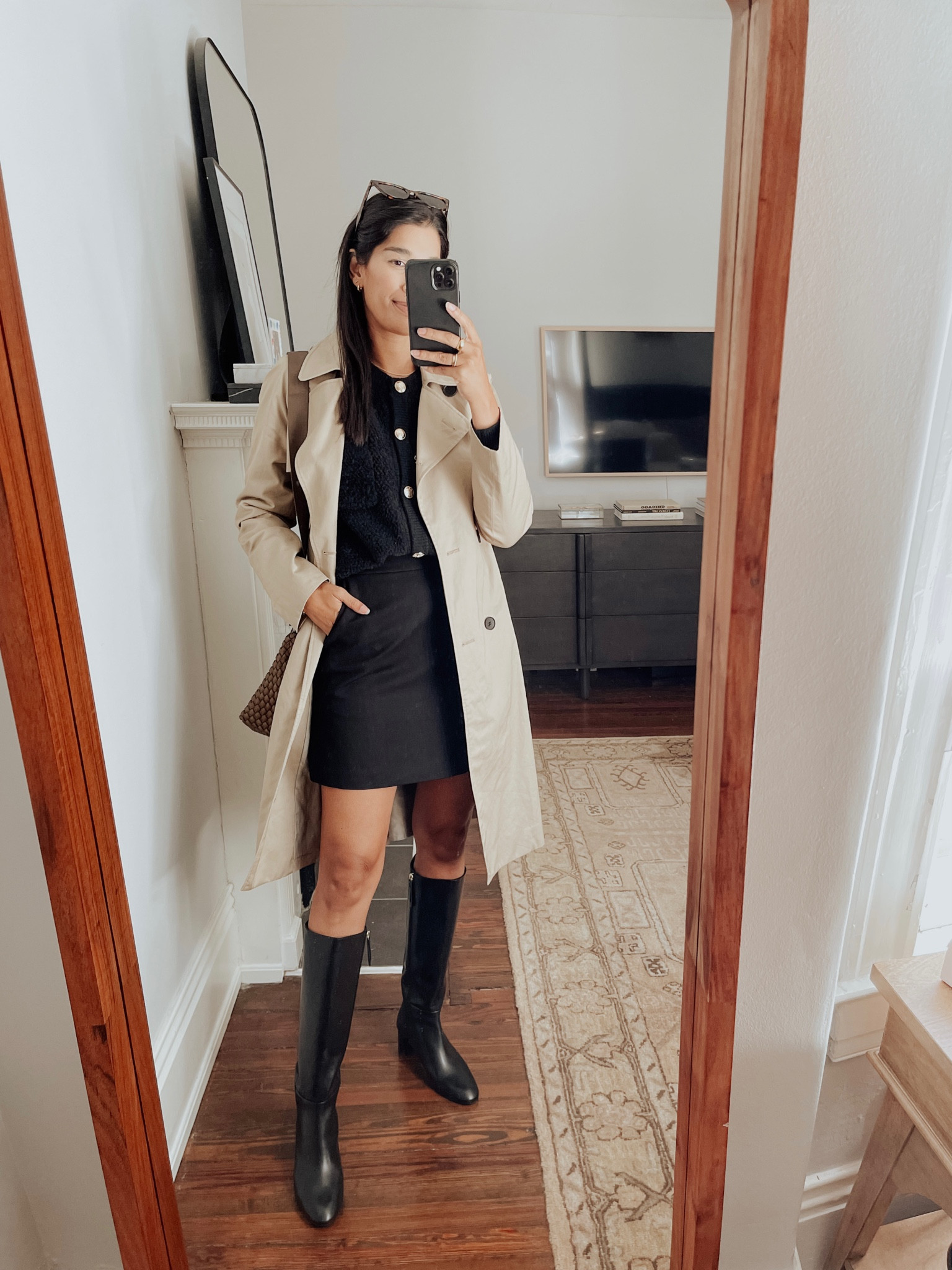 Todays reel details! 

Sweater: XS
Skirt: 4
Boots: TTS 
Trench: TTS

#LTKHoliday #LTKsalealert #LTKstyletip