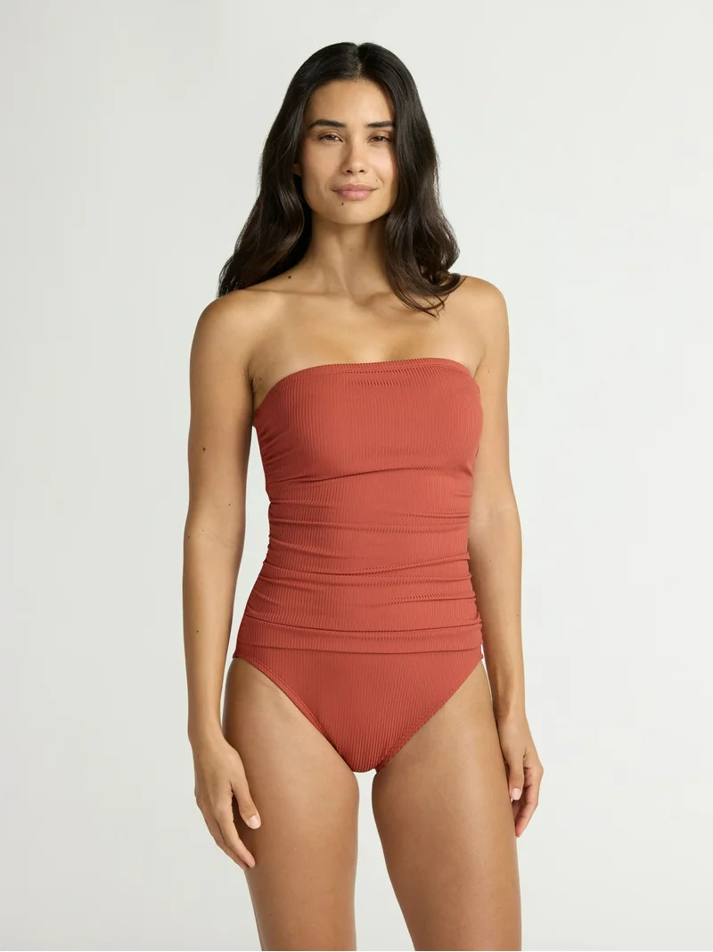 Time and Tru Women's and Women's Plus Ribbed Bandeau One Piece Swimsuit, Sizes XS-2X | Walmart (US)