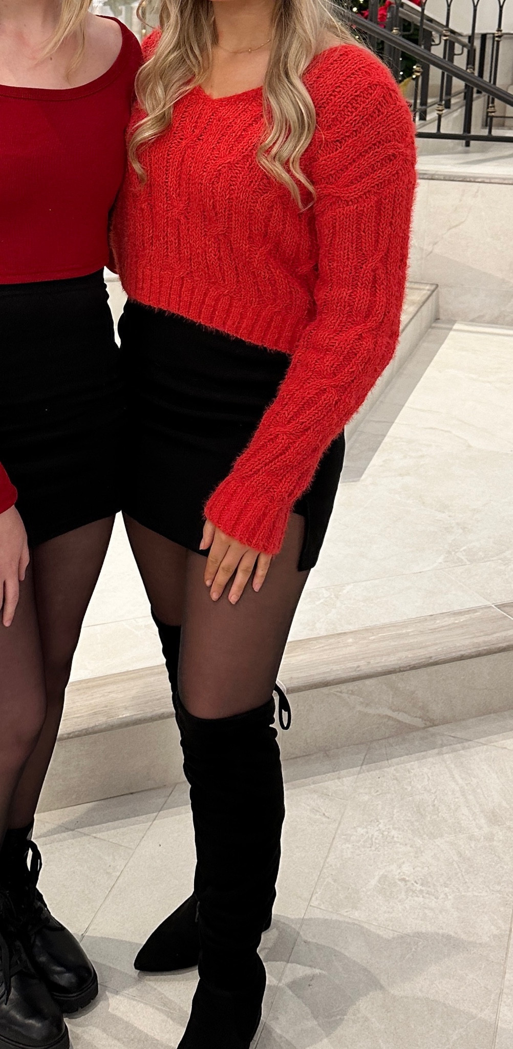 christmas outfit / holiday party, red sweater, cable knit, black mini skirt, black tights, black knee high boots

#LTKshoecrush #LTKHoliday 

#LTKSeasonal