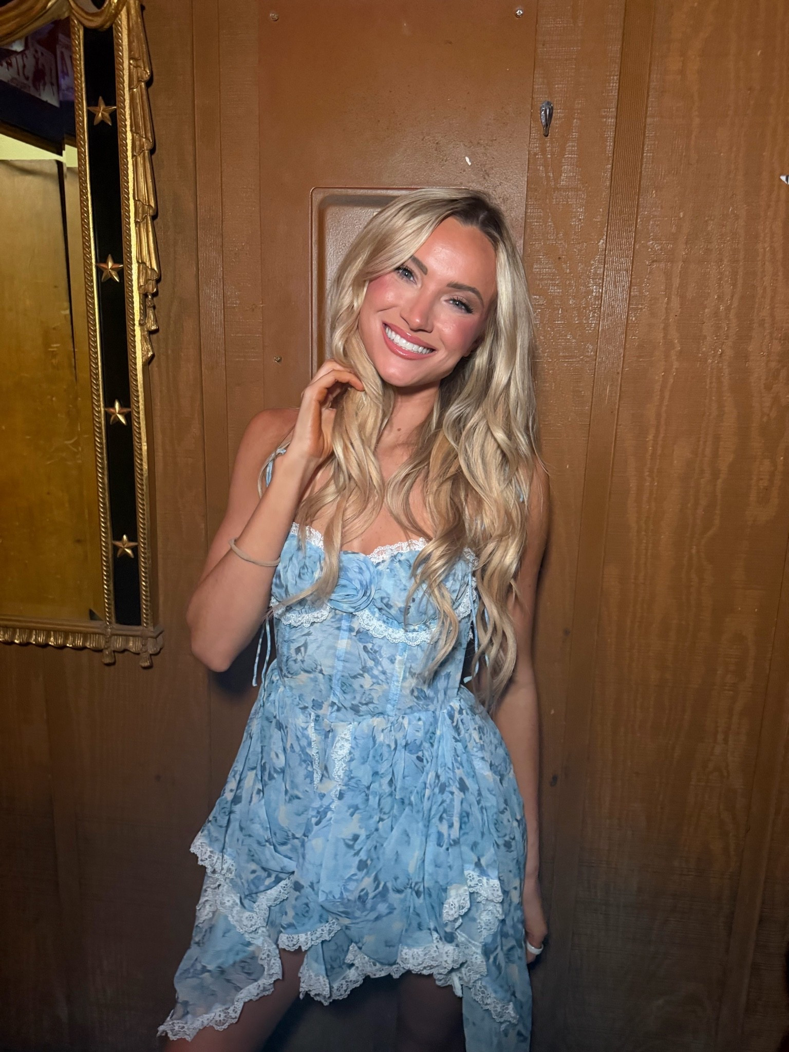 Country concert outfit! I’m wearing an xs in this blue romper from for love and lemons !

Something blue outfit